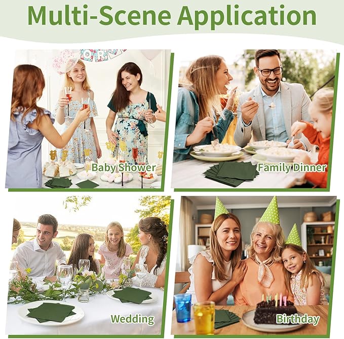 100 Pack Cocktail Napkins Disposable, 2-Ply 5" x 5" Party Napkins, Square Beverage Dinner Napkin for Wedding Birthday Party Anniversary Reception Bar Event (Dark Green)