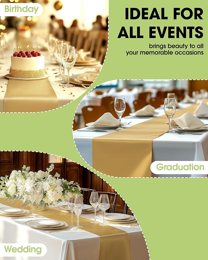 Pureegg Gold Plastic Table Runners - 30 Pack, 14'' x 108'', Water Resistant & Disposable Centerpiece Decorations for Table Cloth, Wedding, Birthday, Holiday, Baby Shower, Party, Home Decor