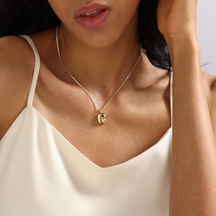 Bubble Gold Silver Letter Necklace Initial Necklaces for Women Trendy 14K Dainty Charm Pendant Name Necklace Personalized Jewelry Gift for Women Teen