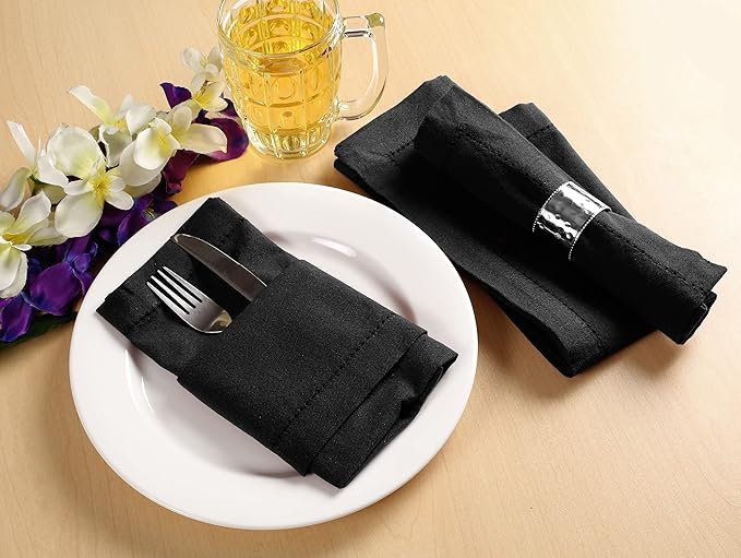 Palisa Cloth Dinner Napkins with Hemstitched Detailing & Mitered Corners Set of 4 (18x18 Inches) Black - Cotton Reusable Dinner Napkins - Perfect for Weddings & Everyday Use
