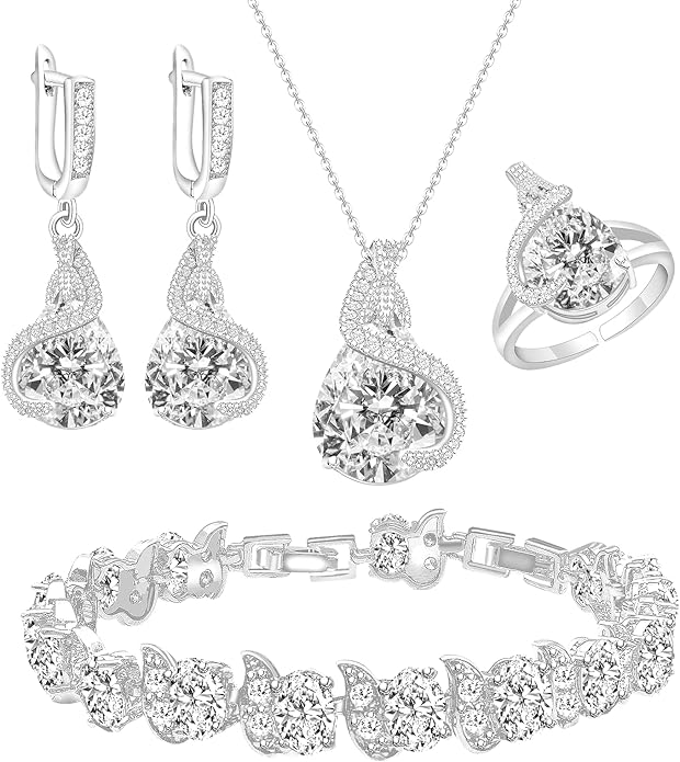 GZWHD Jewelry Set for Women Water Drop Cubic Zirconia Artificial Crystal Earrings Pendant Necklace Open Ring Tennis Bracelet Wedding Anniversary Birthday Engagement Gift for Bridesmaid Wife Girlfriend Friend