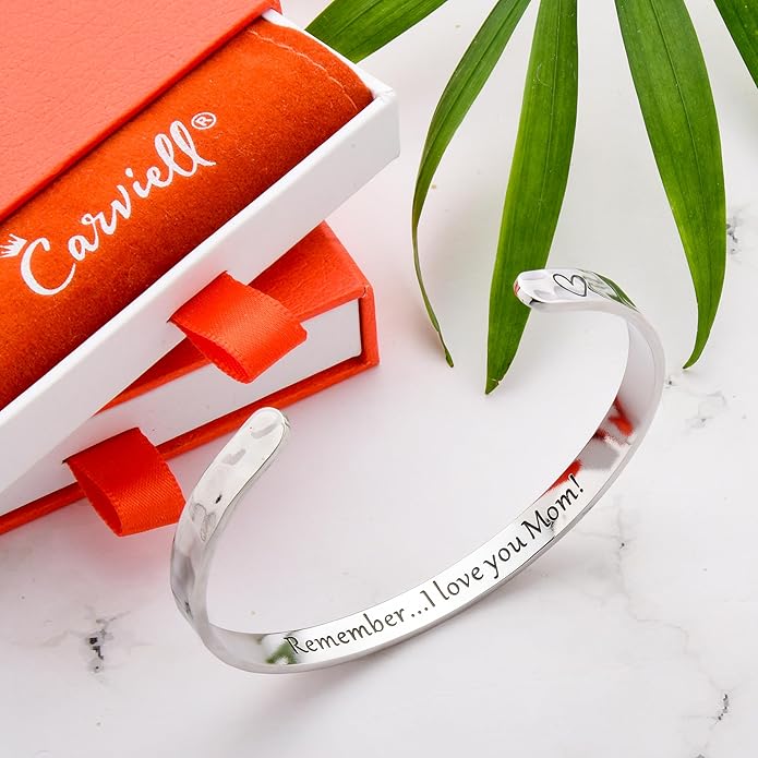 Carviell Engraved Cuff Bracelets for Women – Inspirational, Friendship, Love, Mom, Daughter, Sister, Christian, Graduation, Memorial & Wedding Gifts – 80+ Phrases – Stainless Steel, Gift-Ready