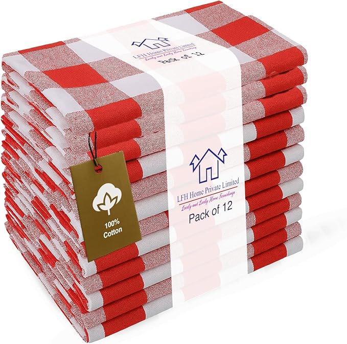 LFH Home 100% Cotton Cloth Reusable Dinner Napkins Set of 12 Washable Soft Decorative Buffalo Plaid Gingham and Checkered Table Napkins for Holidays Wedding Farmhouse Decor 18x18 Inch - Red & White