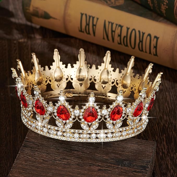 Queen Crown Rhinestone Wedding Crowns and Tiaras for Women Costume Party Hair Accessories Princess Birthday Crown Crystal Bridal Crown (Gold & Red Crown)