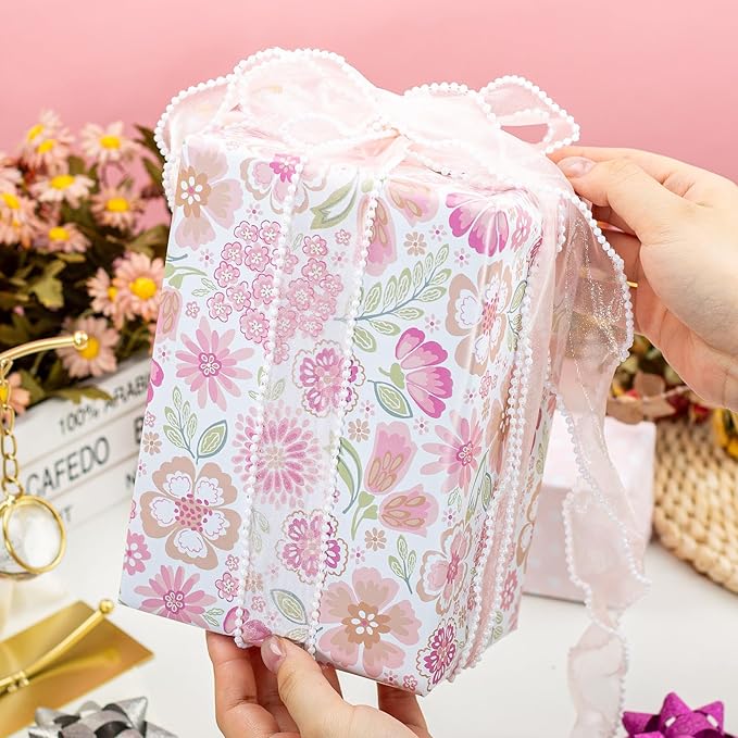 MAYPLUSS Pink Gift Wrapping Paper, Reversible Mother's Day Wrapping Paper, Romantic Pink Floral Premium Girl Gift Wrap Paper for Wedding, Bridal Shower, Valentine's Day, Birthday, (17Inch X 33Feet)