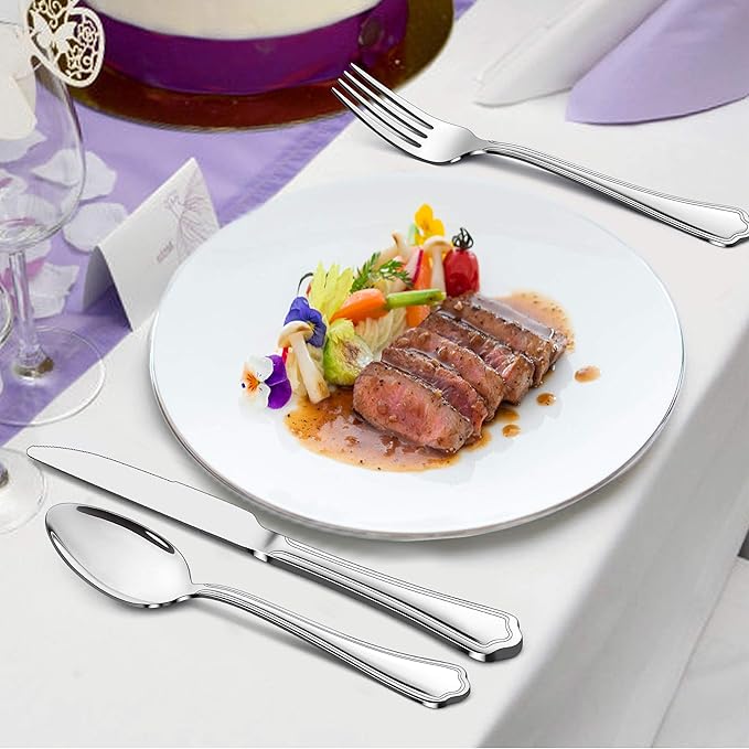 LIANYU 53-Piece Silverware Flatware Set for 8, Plus Steak Knives and Serving Utensils, Stainless Steel Flatware Cutlery Set, Eating Utensils Tableware with Scalloped Edge, Dishwasher Safe