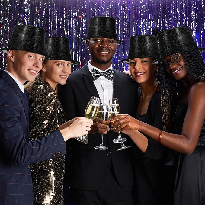 Hillban 50 Pack Glitter Top Hats Bulk Happy New Year Shiny Magician Top Hat for Adults Costume Party