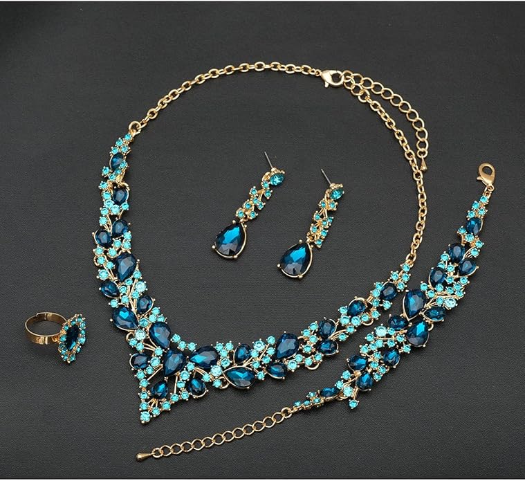 CSY 4 Pcs/Set Austrian Crystal Necklace Earrings Bracelet Ring Bridal Jewelry Sets for Brides Wedding Party Costume Accessories Gifts for Women