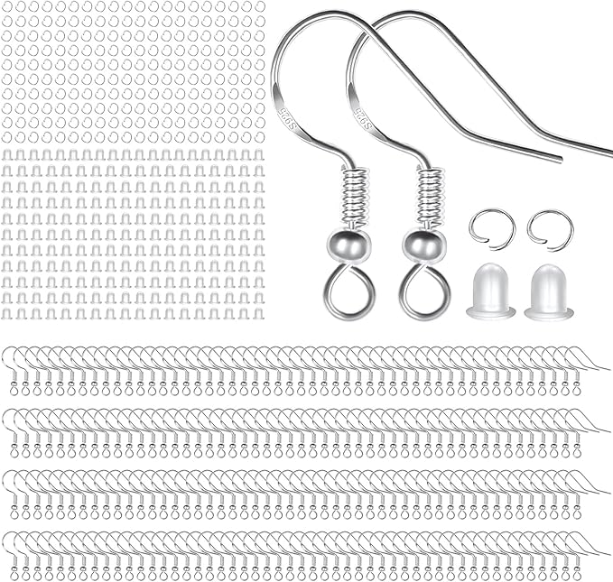 925 Sterling Silver Earring Hooks, 600PCS Earring Making kit 200PCS/100Pairs Hypoallergenic Ear Wires with 200PCS Silver Open Jump Rings and 200PCS Rubber Backs Earring Backs for Jewelry Making
