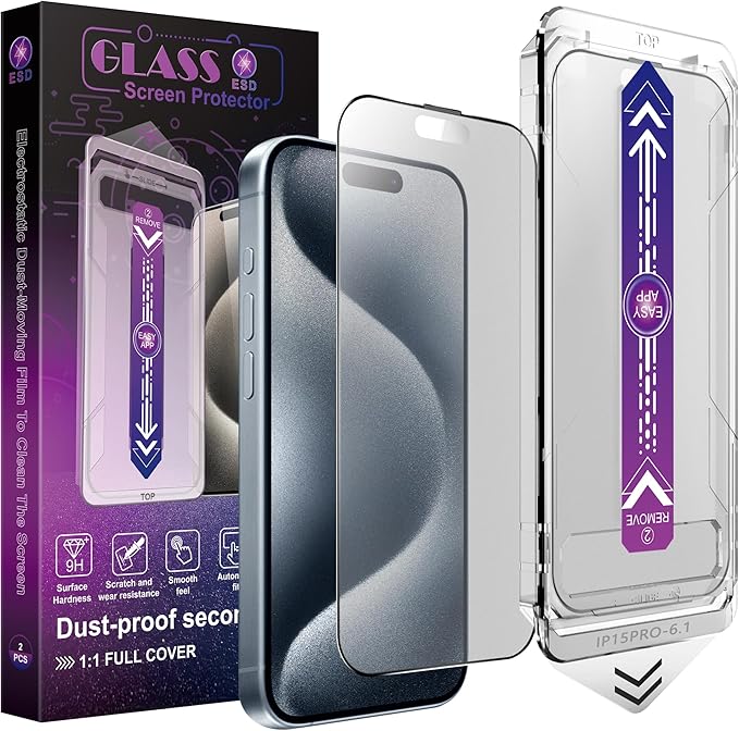 2 Pack Matte Screen Protector for iPhone 15 Pro, 9H Tempered Glass, Full Coverage, Anti-Fingerprint, Auto Dust-Elimination, No Bubble, Easy Installation
