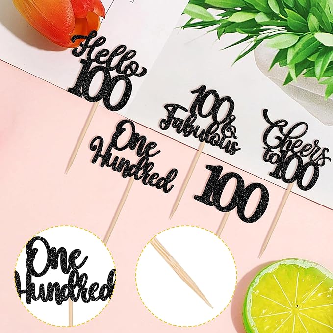 30PCS Happy 100th Birthday Cupcake Toppers One Hundred Cheers to 100 Years Birthday Cupcake Picks Hello 100 Fabulous Cake Decorations for Happy 100th Birthday Anniversary Party Supplies Black