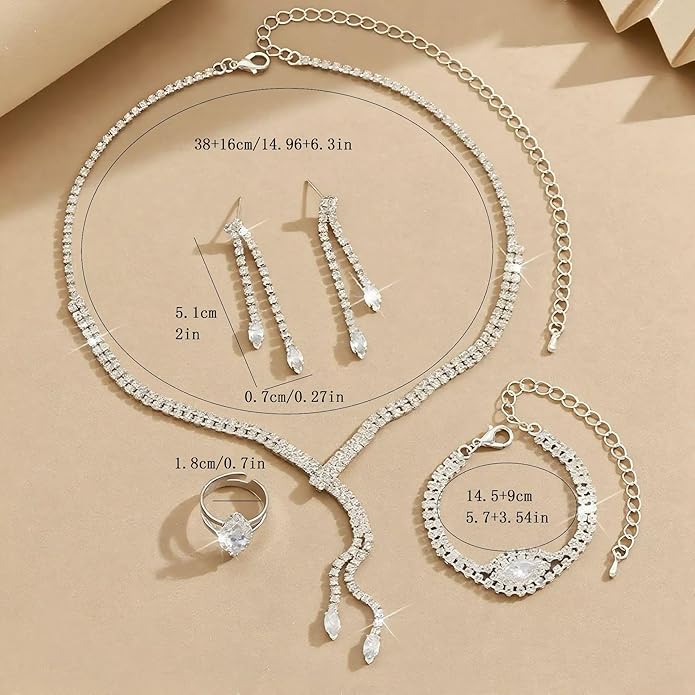 4 Pieces Cubic Zirconia Wedding Jewelry Sets for Bride Rhinestone Bridal Jewelry Set Necklace Bracelet Earring Ring for Brides Bridesmaid for Wedding Party