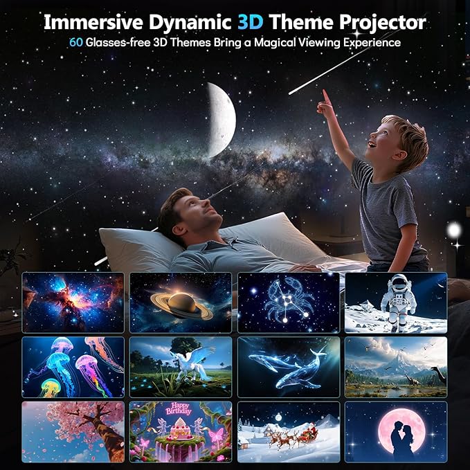 Rossetta 3D Projector, Mini HD 3D Galaxy Projector with Bluetooth Speaker & Remote, 1/2H Timer, 60 Themes, Night Light for Kids Bedroom, Room Decor, Birthday & Christmas Gifts for Adults, Girls, Boys