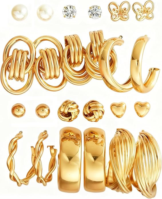 12 Pairs Chunky Gold Hoop Earrings for Women Trendy, Gold Plated Lightweight Hypoallergenic Stack, Thick Open Twisted Huggie Hoops Earring Set