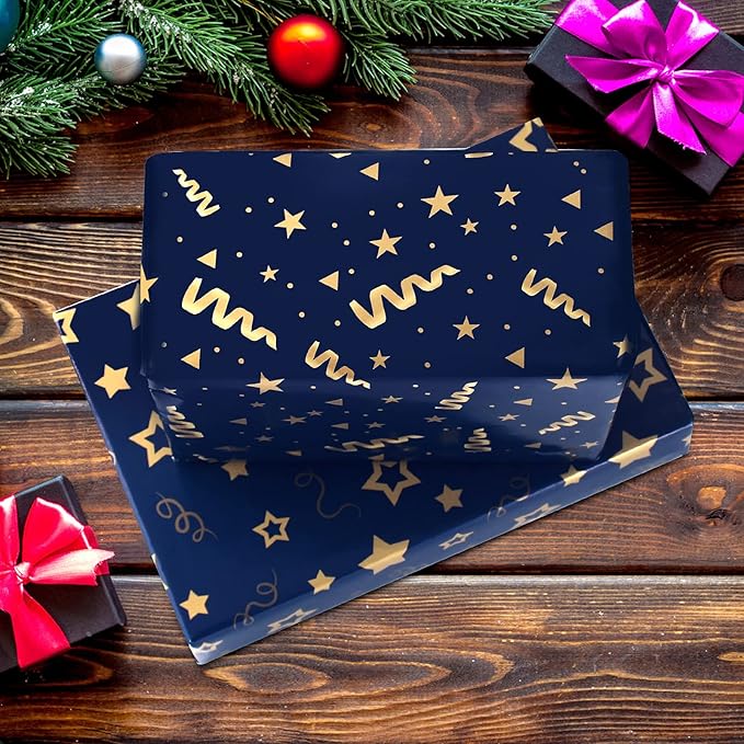 Wrapping Paper Flat Sheets, Blue Gift Wrapping Paper Set with Sticker Ribbon, Men Gift Wrap Birthday Wrapping Paper with Navy Blue and Gold Stripes Star Design, for Men Boy, for Birthday, Hanukkah,