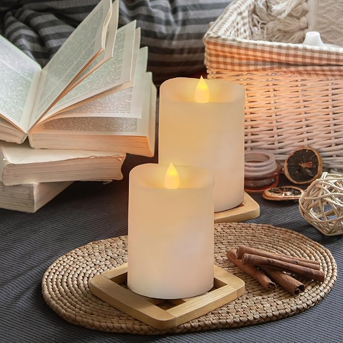 3x4 Flickering Flameless Candles Set of 2,4 inch Real Wax LED 600 Hours Battery Candles with Timer Remote,Control for Wedding Party Indoo,Ivory