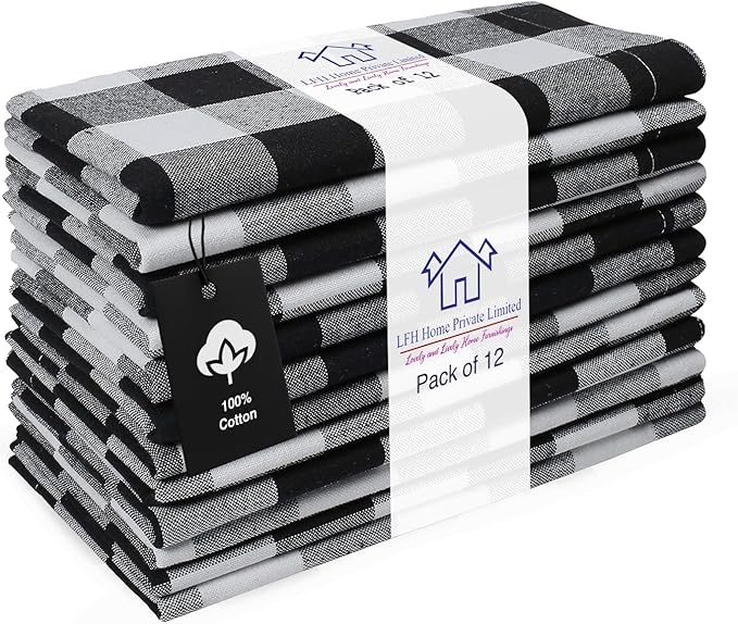LFH Home 100% Cotton Cloth Reusable Dinner Napkins Set of 12 Washable Soft Decorative Buffalo Plaid Gingham and Checkered Table Napkins for Holidays Wedding Farmhouse Decor 18x18 Inch-Black & White