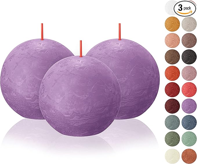 BOLSIUS 3 Pack Vibrant Violet (Purple) Rustic Ball Pillar Candles - 3 Inch - Premium European Quality - Includes Natural Plant-Based Wax - Unscented Dripless Smokeless 25 Hour Party Décor Candles
