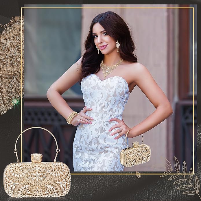 Quelay 4 Pcs Purse Rhinestone Jewelry Set Evening Clutch Bag Bling Crystal Necklace Dangle Earrings Bracelets Accessories