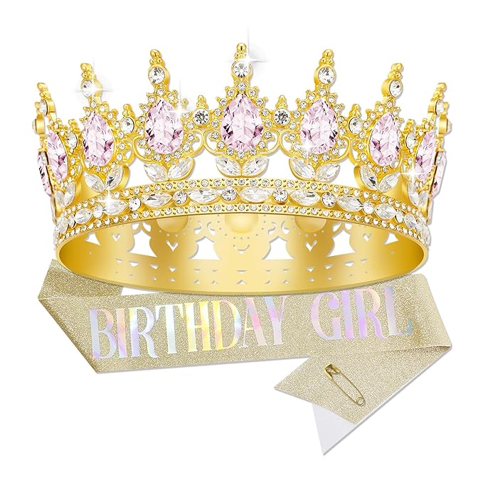 Queen Crown Birthday Crowns for Women, Birthday Girl Sash, Birthday Tiara for Women Set, Princess Rhinestone Birthday Girl Headband Birthday Gifts for Women, Sweet Happy Accessories