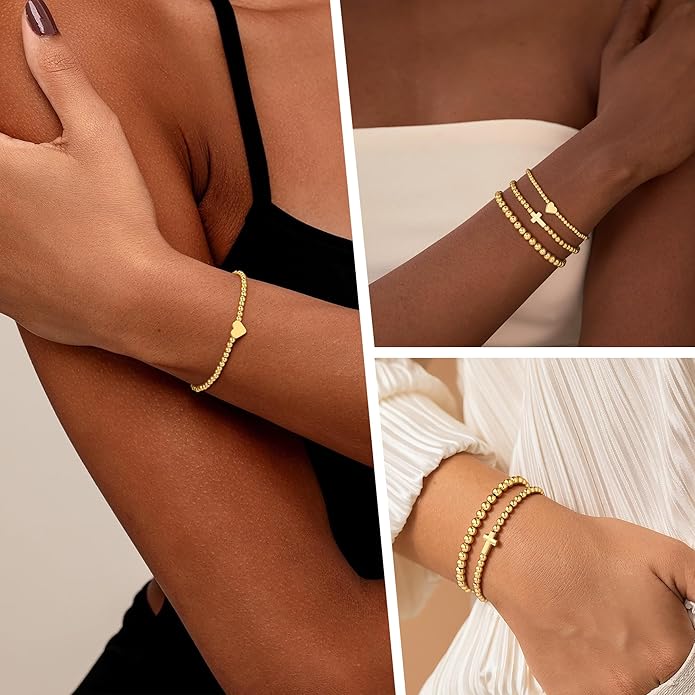 Turandoss Gold Bracelets for Women - Dainty 14K Gold Plated Bow Cross Beaded Bracelets for Women Stackable Heart Bead Bracelet Set Wave CZ Round Ball Bracelet Valentine's Day Gifts for Her