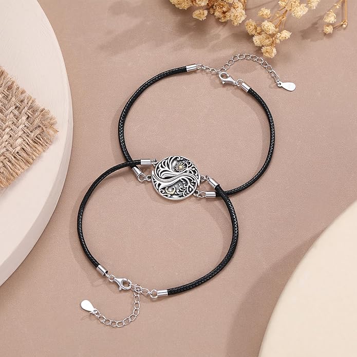 Yin Yang Bracelet 925 Sterling Silver Couple Friendship Bracelets Tree of Life/Sun Moon/Mountain/Lotus Abalone Jewelry for Women Men Couples, Leather Cord 7+2 in