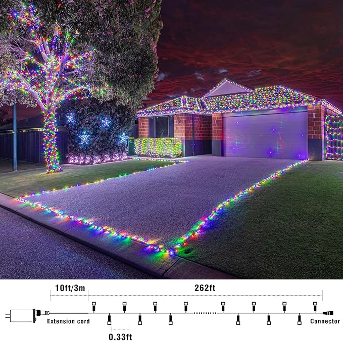 800 LED Christmas Lights Outdoor Indoor, String Lights for Outside with 8 Modes Waterproof, Plug in Twinkle Light Clear Wire for Home Xmas, Patio, House, Wedding Decorations, Multicolor