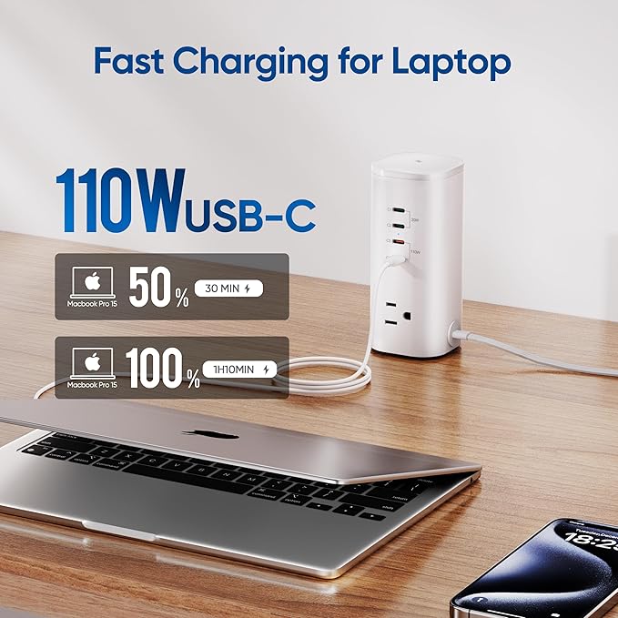 Tower Power Strip Surge Protector with 3 AC Outlets & 8 USB Ports (4 USB-C), TenTrend 160W Fast Charging Station, 5 FT Flat Plug Extension Cord with Multiple Outlets for Home Office Dorm Room