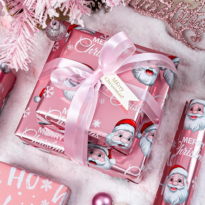 MAYPLUSS Pink Christmas Wrapping Paper Roll - 17IN X 33FT - Santa Claus Gift Wrapping Paper Featuring Merry Christmas Snowflake Reversible HO for Kids, Holiday, New Year