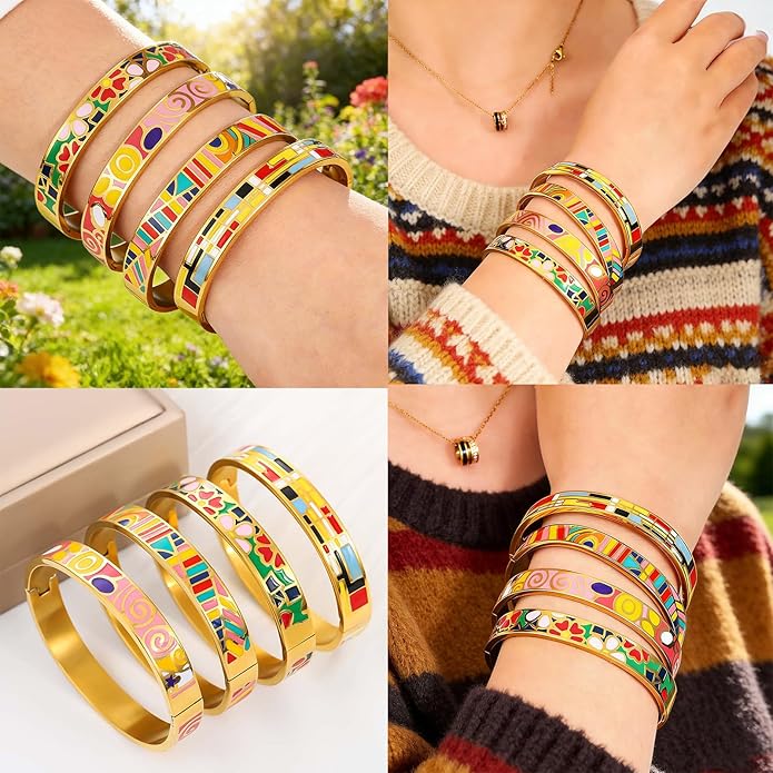 Enamel Bangle Set, 18K Gold Plated Stainless Steel, 4-Piece Bracelet Handcrafted Gorgeous Collection with Abstract and Floral Patterns, 6-7 Inch Wrist Size, Women's Fashion Jewelry