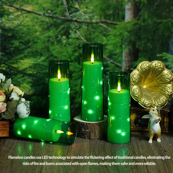 Flameless Candles with Embedded Star String, Battery Operated LED Pillar Candles with Timer and Remote Control,Home Decorating for Ambiance， Set of 7 (Green)
