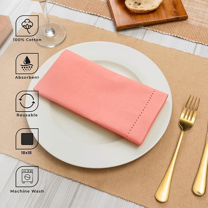 Blue Needles Set of 12 Hemstitch Linen Napkins 100% Cotton Salmon Cloth Dinner Napkins 18x18 inches, Soft, Reusable, Absorbent, Washable, Ideal for Fall Thanksgiving Events, Parties & Everyday Use