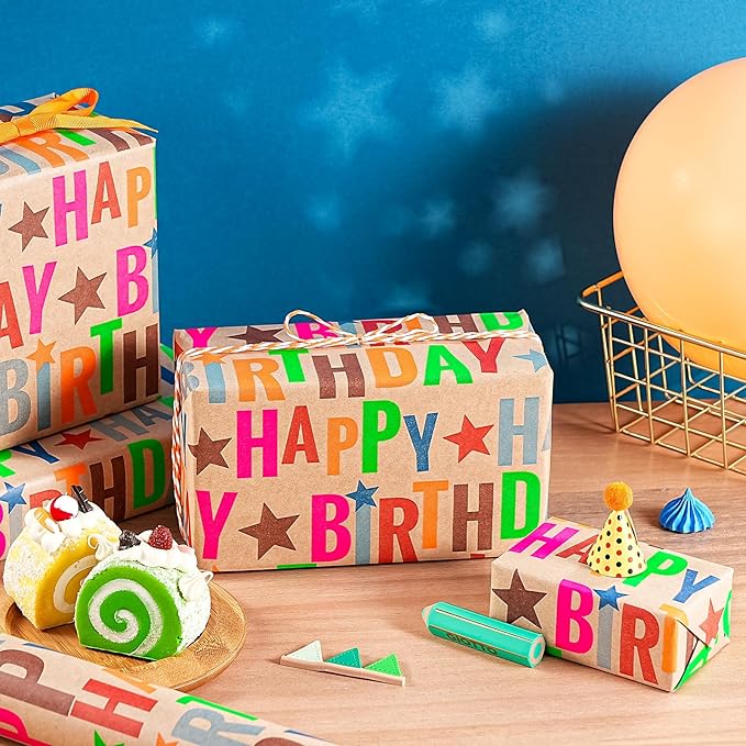 WRAPAHOLIC 30 Inch Jumbo Kfaft Birthday Wrapping Paper Roll - 30 Inch x 33 Feet - Colorful Happy Birthday Wrapping Paper for Girls Boys Kids, Baby Shower, Party