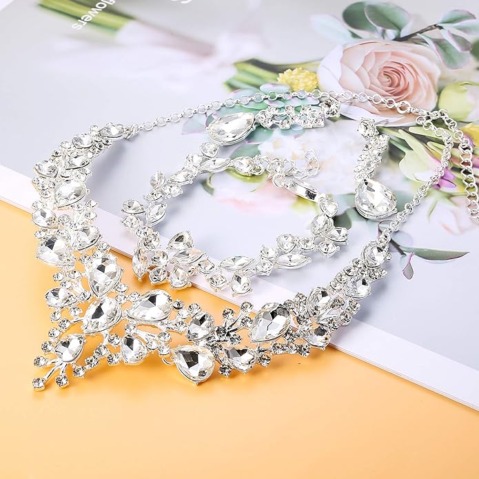 LOYALLOOK Crystal Bridal Jewelry Set for Women Rhinestone Necklace Earrings Bracelet Wedding Bridesmaid Gifts fit with Wedding Dress