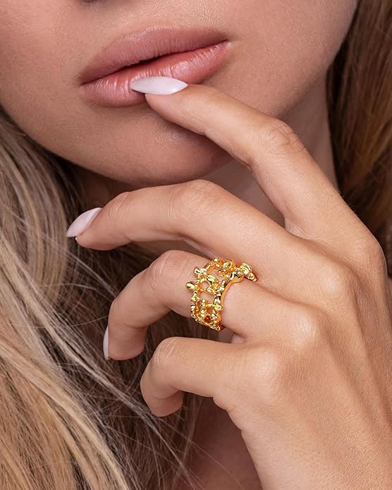 Gold Large Chunky Dainty Shell FULLY ADJUSTABLE Open Ring for Women by SNGIA, Summer Beach Handmade Adjustable Seashell Ring, Minimalist Stackable Ocean Themed Wedding Date Birthday Gift, Bold Exaggerated Irregular Wavy Trendy Ribbed Jewelry, Textured ...