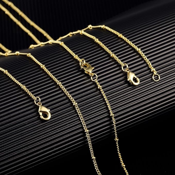 Wholesale 12PCS Gold Plated Solid Brass Satellite Beaded Ball Curb Thin Chain Necklace Bulk for Jewelry Making (16 Inch(1.5mm))