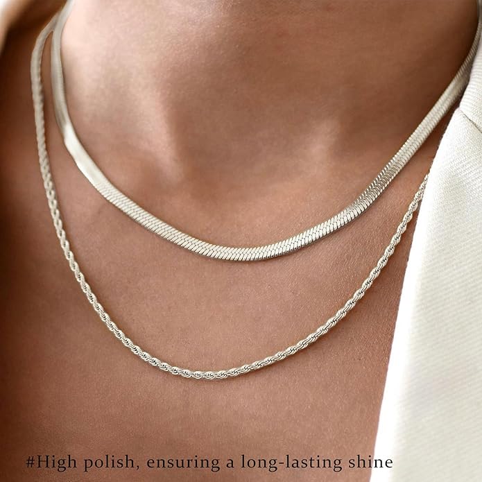 3PCS Gold Necklaces for Women,Chunky Statement Gold Plated Necklace Stack Layered Sterling Silver Herringbone Chains for Women Dainty Trendy Silver Chains Stacked Jewelry Gifts