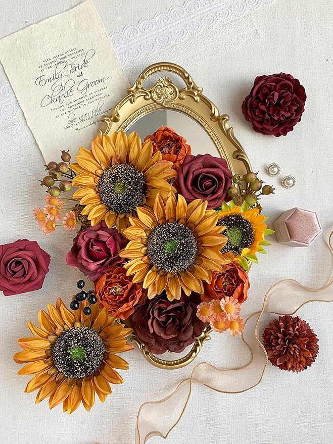 Sunflower Artificial Flowers Burgundy Fake Flower Bulk for DIY Wedding Bouquet Bridal Shower Decorations Party Table Centerpieces Cake Decorating Silk Floral Arrangement for Home Decor Indoor