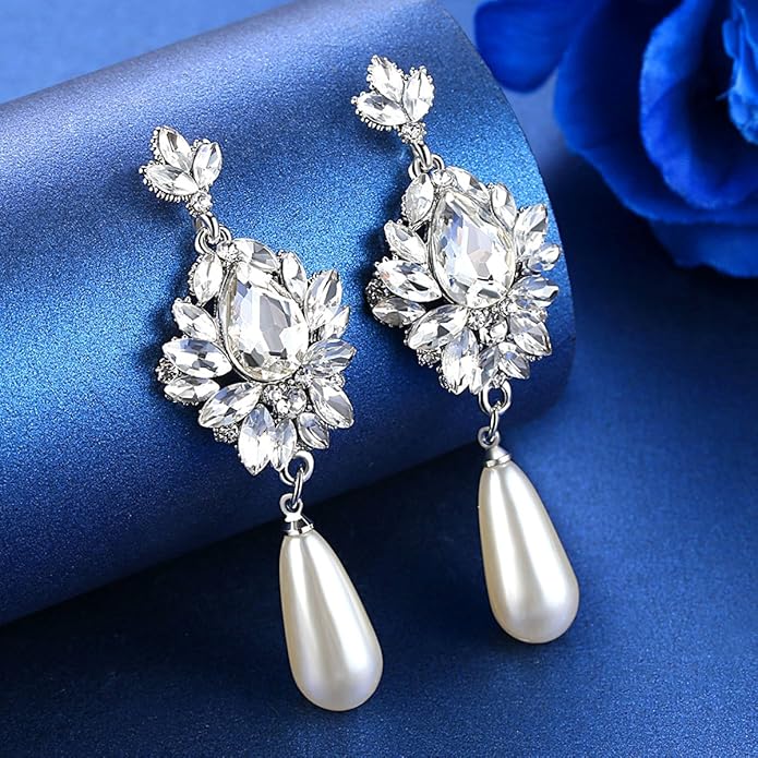 mecresh Flower Teardrop Bridal Wedding Dangle CZ Earrings in Silver/Gold Tone for Women Girl Bride Gift …