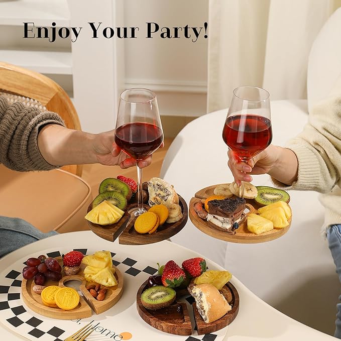 Mini Charcuterie Board with Wine Holder, Wine Glass Charcuterie Topper, Wine Gifts Accessories, Cheese Appetizer Plates for Wine Party Family Gatherings Bars Restaurants, 7.1'' Set of 4