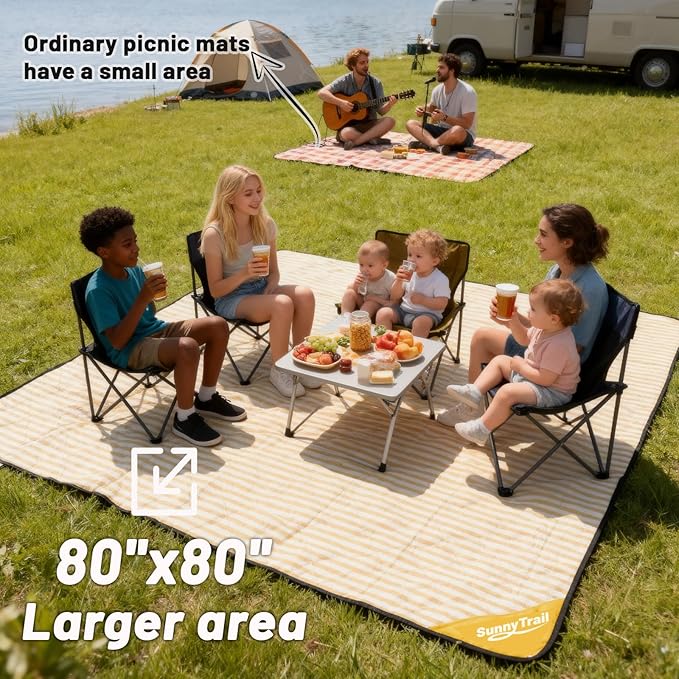 Extra Large Picnic Blanket Waterproof 80"x80" – Outdoor Blanket for Beach, Grass, Park, Lawn, Camping, Sandproof & Foldable, Wedding Registry Gift, Portable Mat for Family Picnics