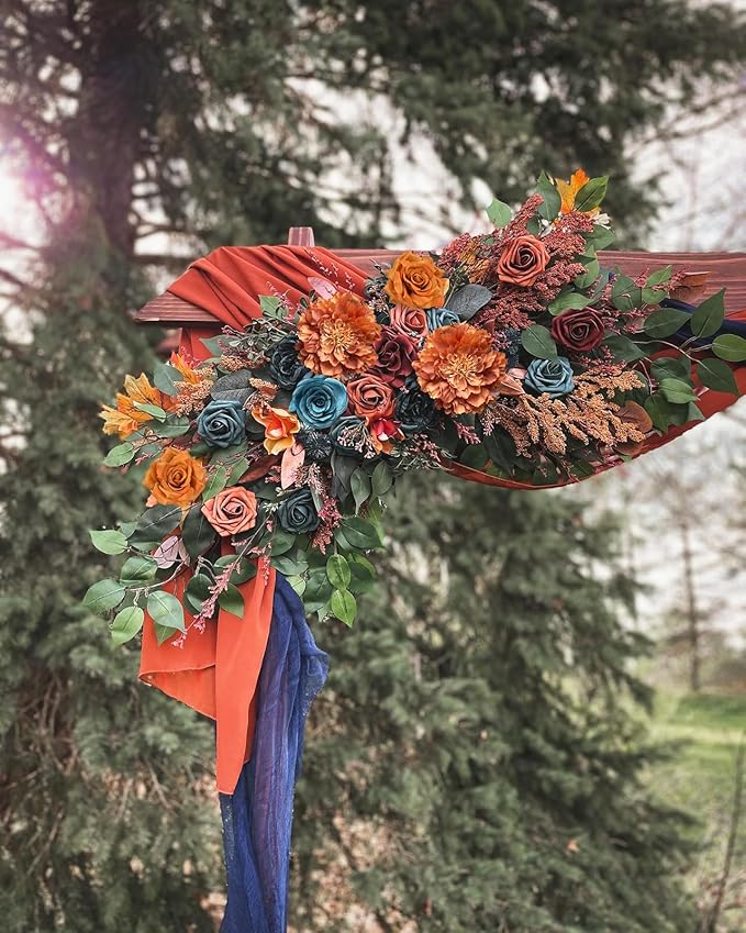 Roses Artificial Flowers Bouquet Box Set Fake Flower for DIY Bridal Wedding Shower Decorations Centerpieces for Table Faux Silk Floral Arrangement for Party Home Decor Indoor Teal Orange