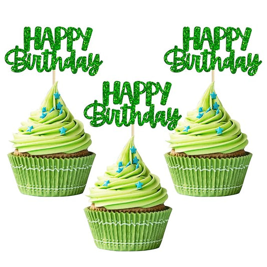 Gyufise 24 Pcs Happy Birthday Cupcake Toppers Glitter Cupcake Food Picks for Celebrating Theme Party Cake Decorations Supplies Green