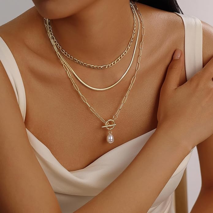 Evabelle Gold Layered Necklace for Women Trendy Jewelry 14K Real Gold Plated Chunky Chain Stackable Necklaces Dainty Choker Necklaces Rectangle Square Pendant