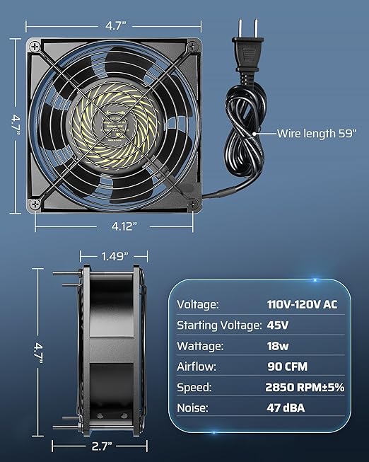 DEWENWILS 120V AC Fan, Waterproof Exhaust Fan 120mm, 18W 2850RPM 90CFM, DIY Cooling Fan for Refrigerator, Computer Case, Compressor Engine, Generator, UL Listed