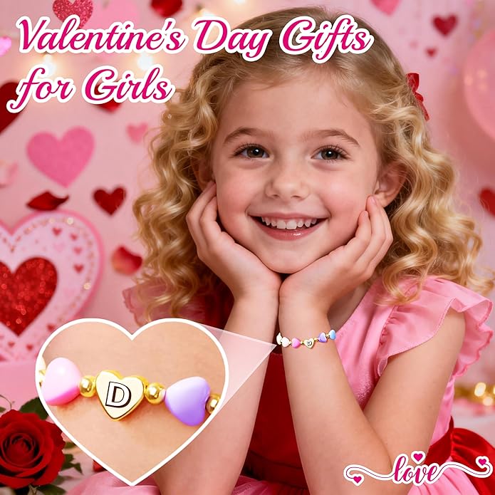 Valentines Day Gifts for Kids Women Girls, Initial Heart Bracelets for Teen Girls Young Women Bulk, Cute Preppy Letter A-Z Charm Bracelet, Personalized Happy 3-18 Year Old Birthday Gifts for Daughter, Lover, Sisters, Toddler