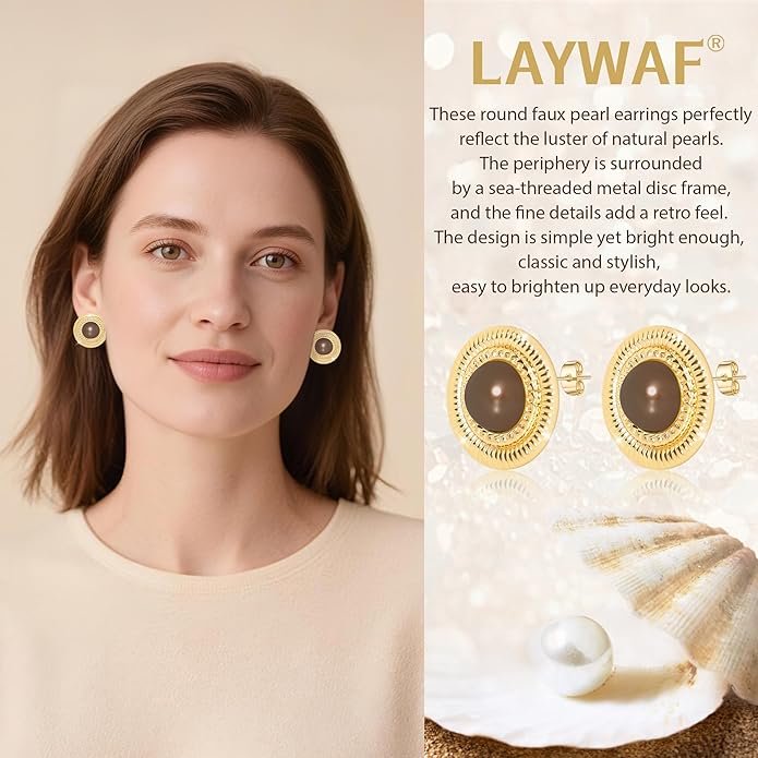 Faux Pearl Gold Plated Stud Earrings for Women, Hypoallergenic Stainless Steel Ear Pin, Available in a Variety of Pearl Colors