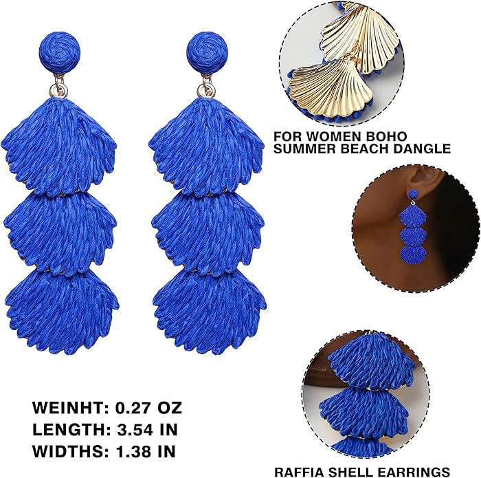 Raffia Dangle Earrings for Women - Boho Statement Rattan Drop Jewelry with Shell Design, Lightweight Summer Beach Trendy Accessories
