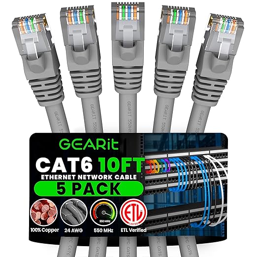 GEARit Cat 6 Ethernet Cable (5-Pack 10 Feet) Cat6 Network Patch, 10Gbps, RJ45, Snagless Cord, Gold-Plated Connectors, Internet for PC, TV, Tablet, Router, Printer, Servers, IT Data Center - Gray