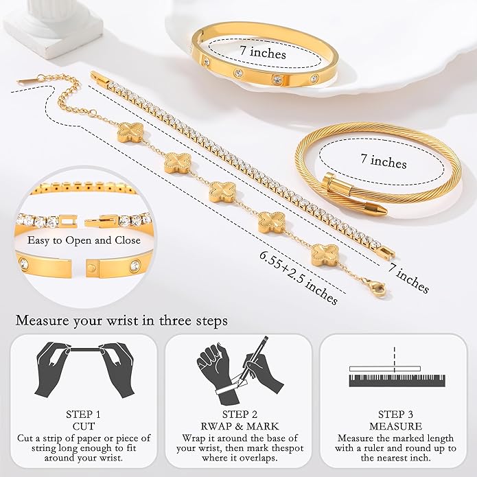 18K Gold Plated Bangle Bracelets Stack for Women,Four Leaf Clover Stackable Bracelets Non Tarnish,4 Pcs Jewelry sets Gifts